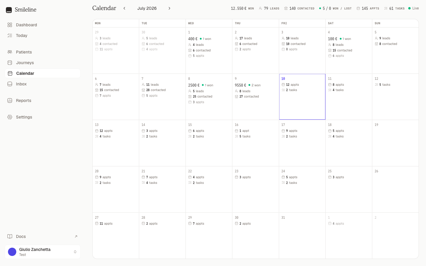 The month grid with results on past days and workload on future days