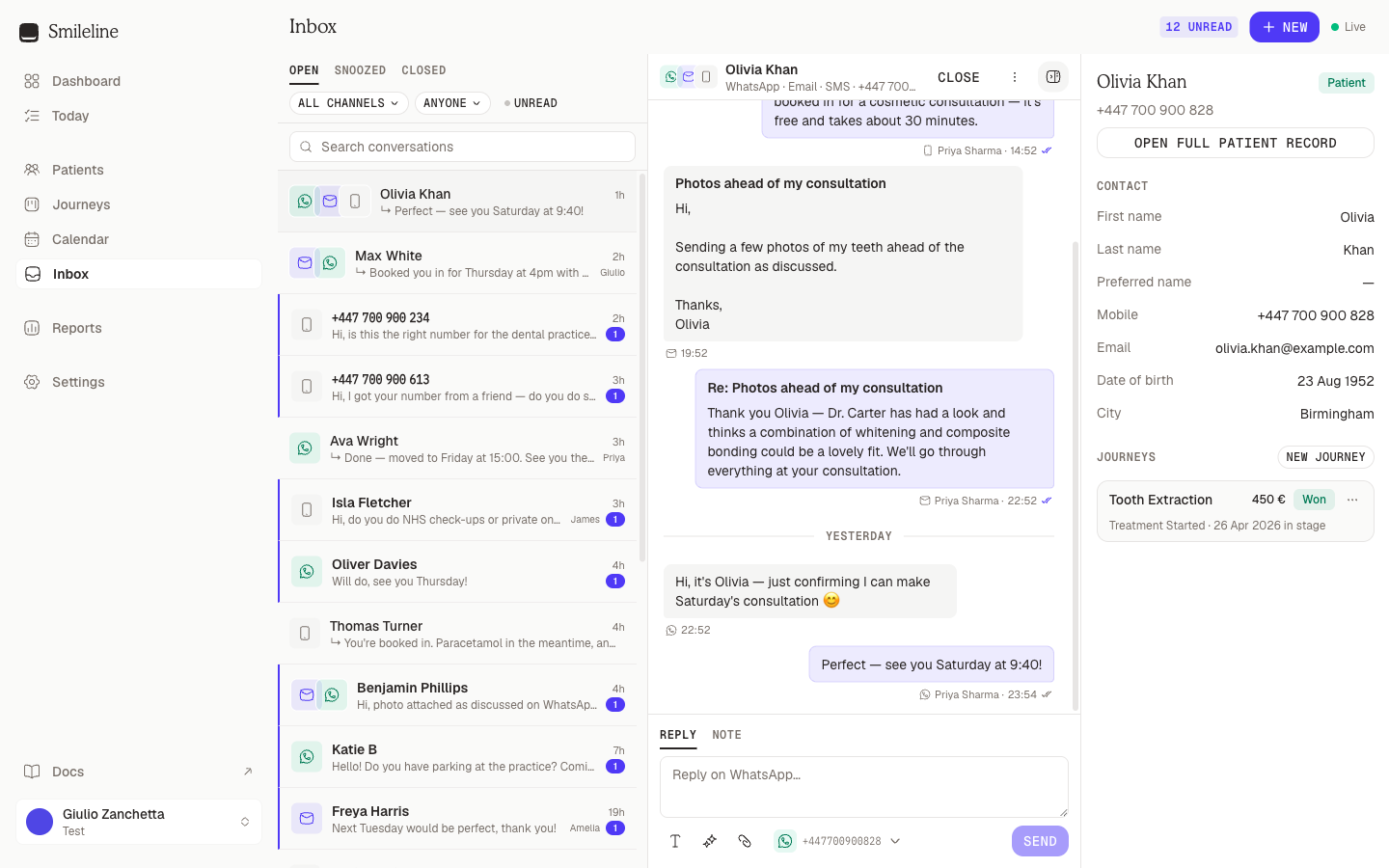 The Inbox with the conversation list, an open thread and the contact panel