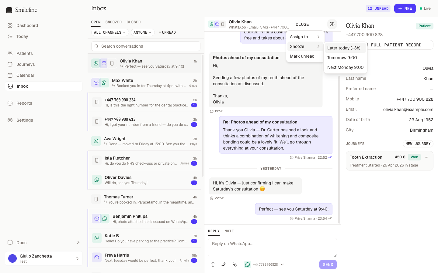 The conversation actions menu with assign and snooze options